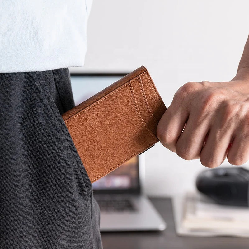 Hot Sale Factory Price Fashion New Design Custom Brand Pull Smart Slimmest Rfid Feature OEM Thin Mens Leather Card Holder Wallet