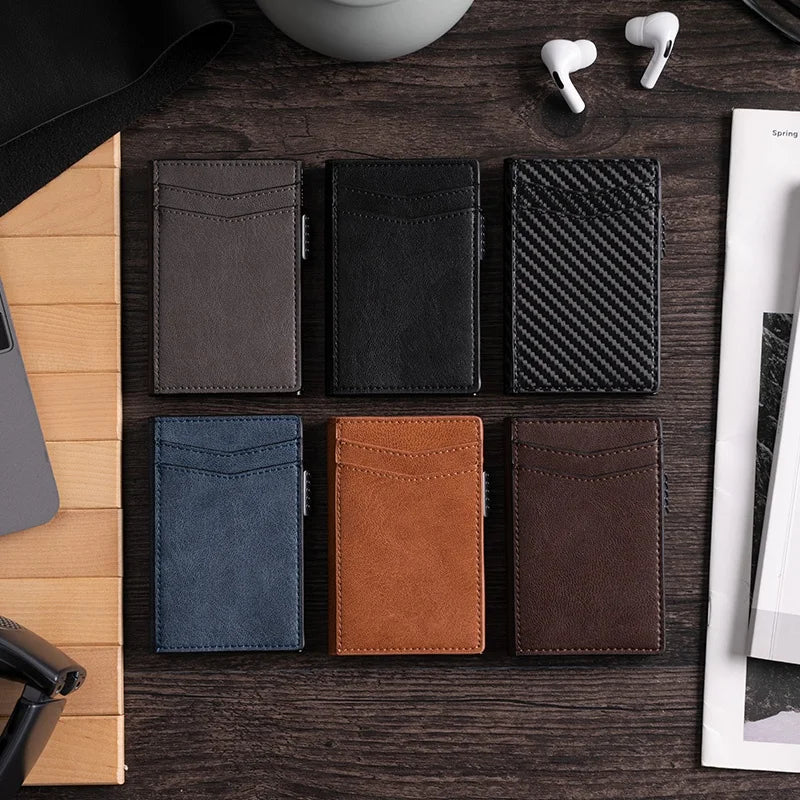 Hot Sale Factory Price Fashion New Design Custom Brand Pull Smart Slimmest Rfid Feature OEM Thin Mens Leather Card Holder Wallet