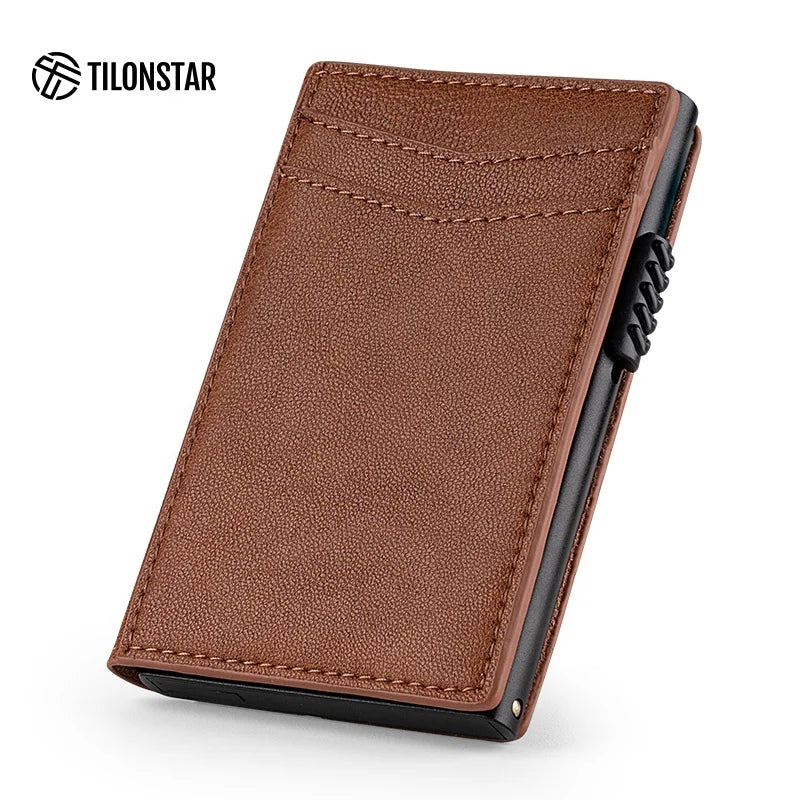 Hot Sale Factory Price Fashion New Design Custom Brand Pull Smart Slimmest Rfid Feature OEM Thin Mens Leather Card Holder Wallet