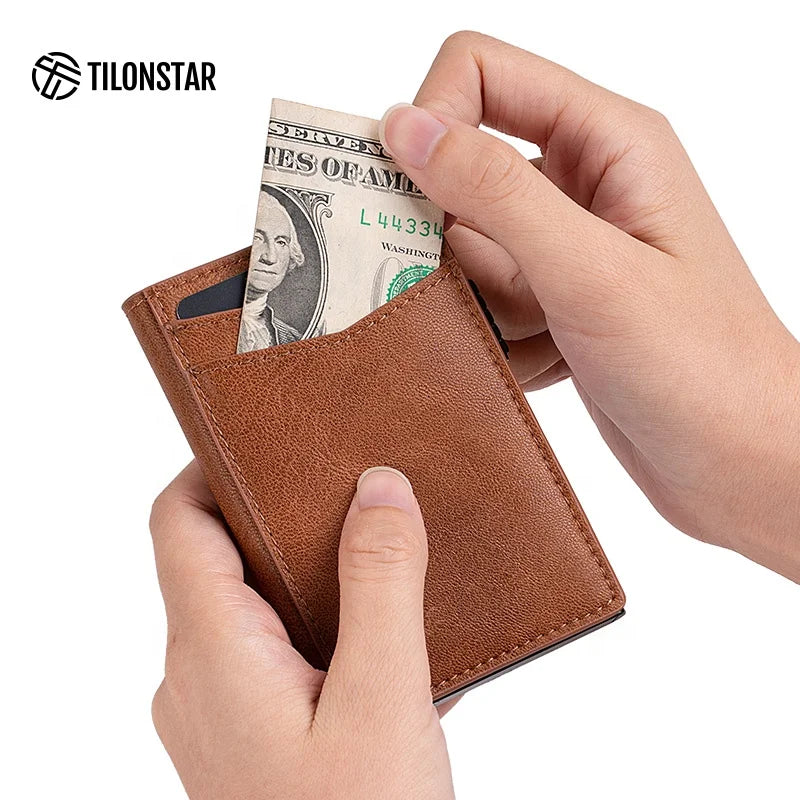 Hot Sale Factory Price Fashion New Design Custom Brand Pull Smart Slimmest Rfid Feature OEM Thin Mens Leather Card Holder Wallet
