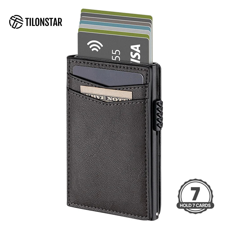 Hot Sale Factory Price Fashion New Design Custom Brand Pull Smart Slimmest Rfid Feature OEM Thin Mens Leather Card Holder Wallet