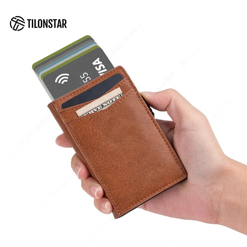 Hot Sale Factory Price Fashion New Design Custom Brand Pull Smart Slimmest Rfid Feature OEM Thin Mens Leather Card Holder Wallet