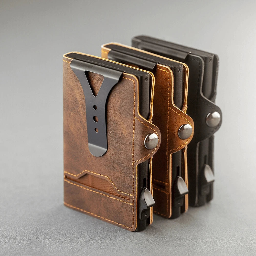 CASEKEY New Fashion Men Wallet Pu Leather Pop Up Card Holder Anti-RFID Slim Minimalist Smart Wallet with Money Clip & ID Window