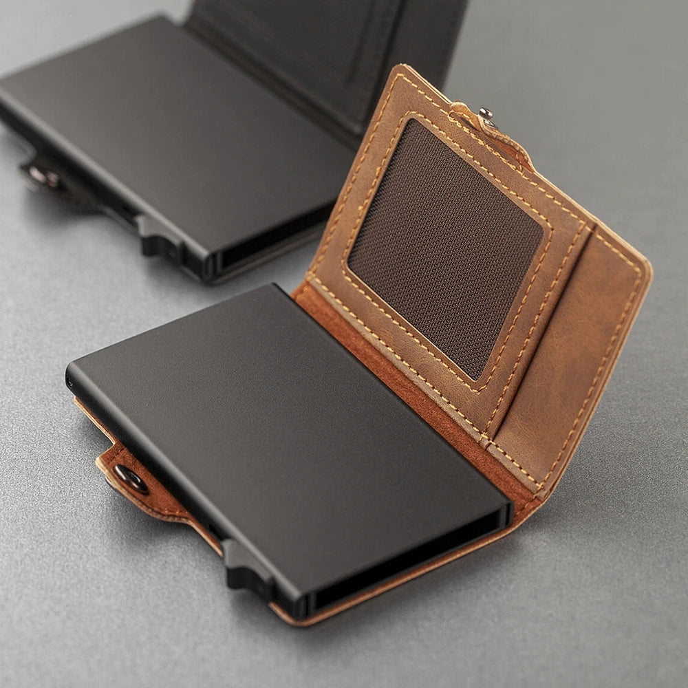 CASEKEY New Fashion Men Wallet Pu Leather Pop Up Card Holder Anti-RFID Slim Minimalist Smart Wallet with Money Clip & ID Window